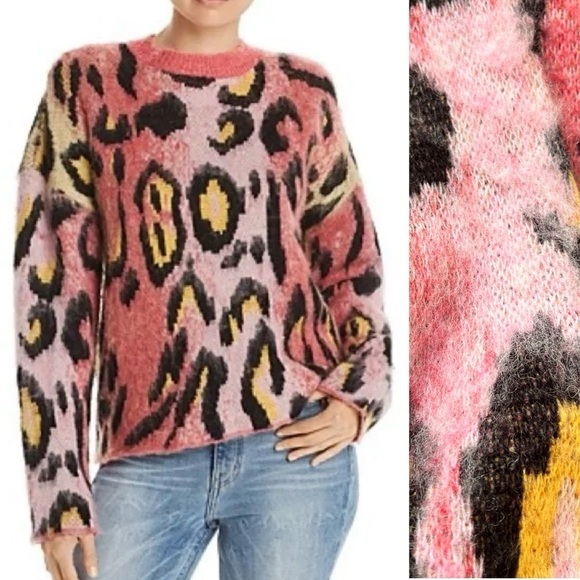 SFW Crew Neck Sweater  Ombre Pink Animal Cheetah Print Fuzzy Wool Blend Sz L - Picture 1 of 13